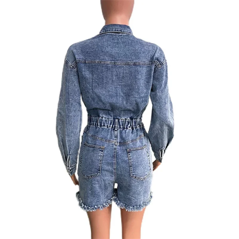 Snap Button Patchwork Denim Jumpsuit Shorts Women Fashion Elasticated Waist Broken Holes Tassel Rompers Female Casual Streetwear