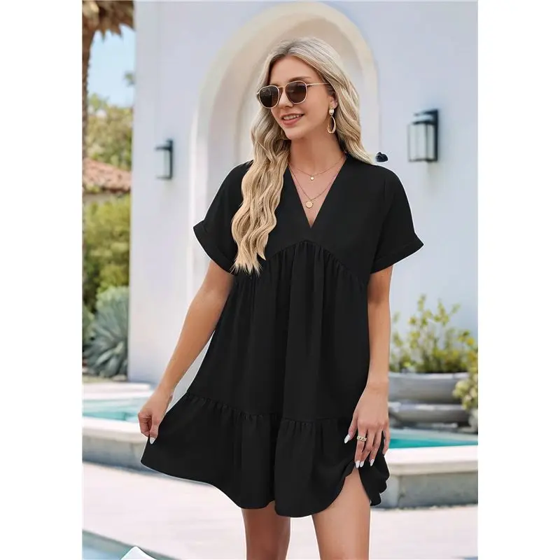 A09P Damen Kurzarm V-Ausschnitt Rüschensaum Solides Swing-Kittelkleid Lässiges, locker sitzendes Minikleid Sommer Strandkleidung