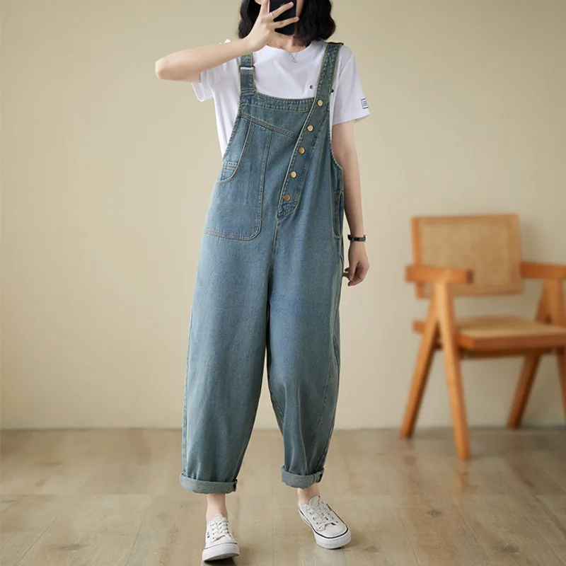 Jumpsuit Denim tidak teratur untuk wanita, jumpsuit Jeans tanpa lengan dengan kancing longgar klasik musim semi dan panas 1439