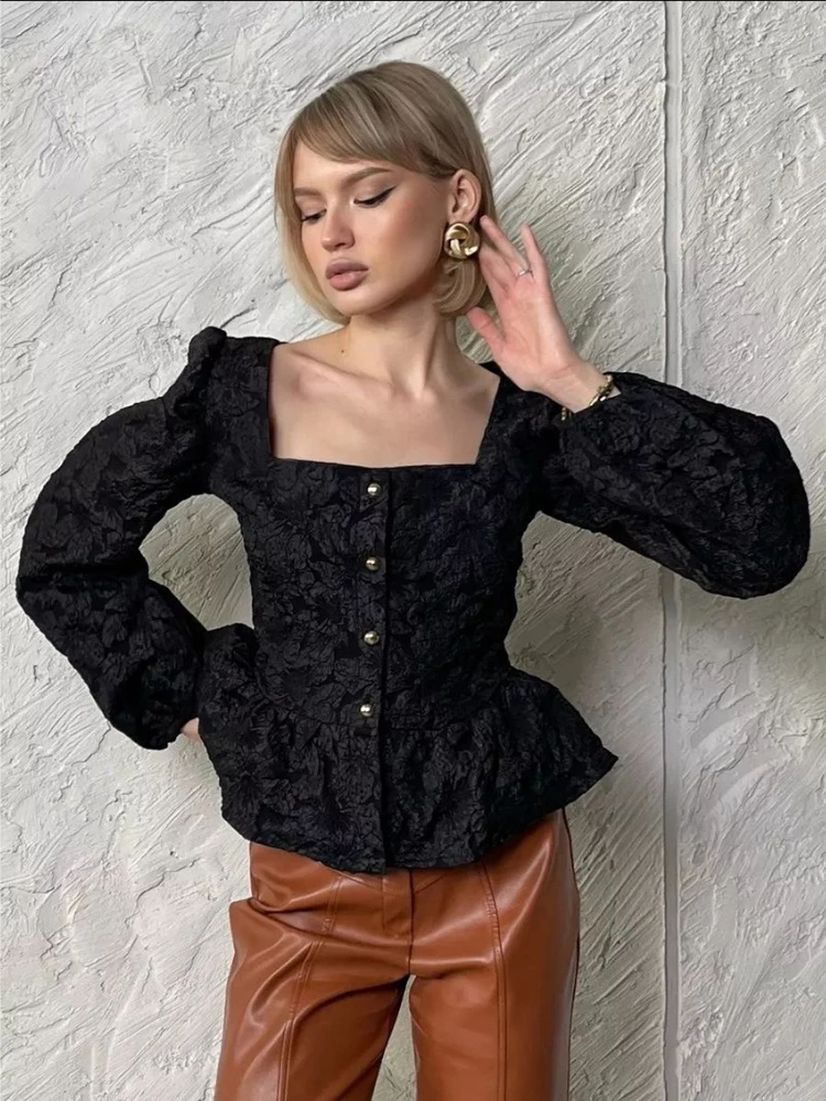 

Vintage Jacquard Pleated Blouses Square Collar Long Puffed Sleeve Single-breasted Shirts for Women French Elegant Slim Fit Tops
