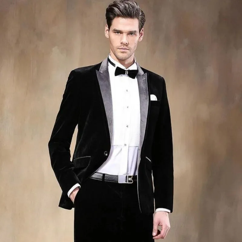 

Luxury Black Velvet Suits for Men Single Breasted Peak Lapel Chic Terno Elegant 2 Piece Jacket Pants Formal Wedding Occasion