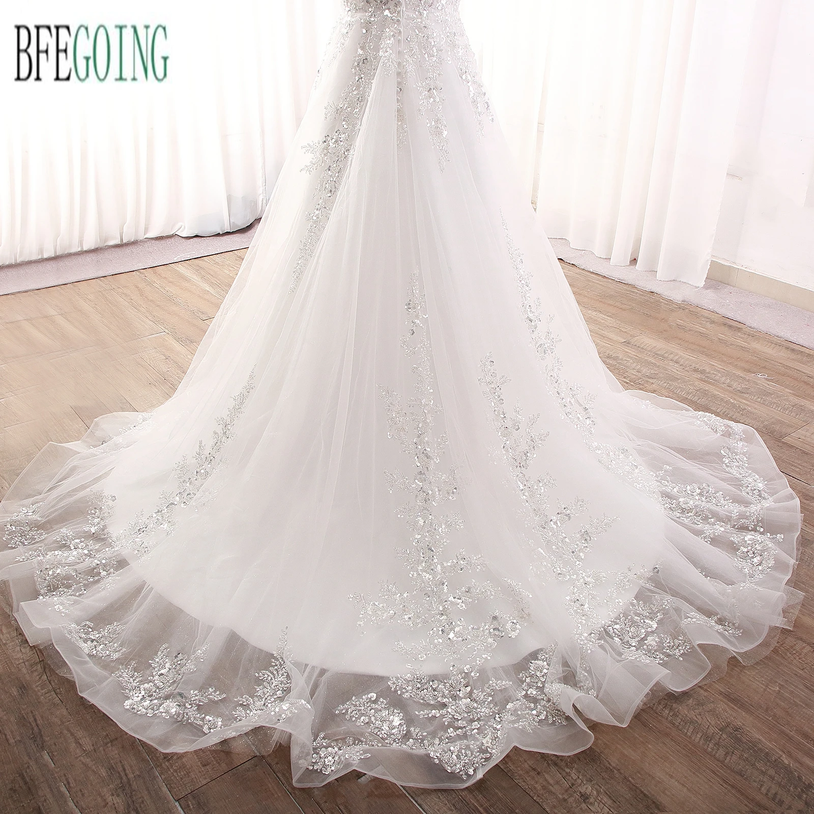 A-Line Wedding Dresses Chapel Train Customized Beading Lace Strapless Floor-Length Bridal Gowns