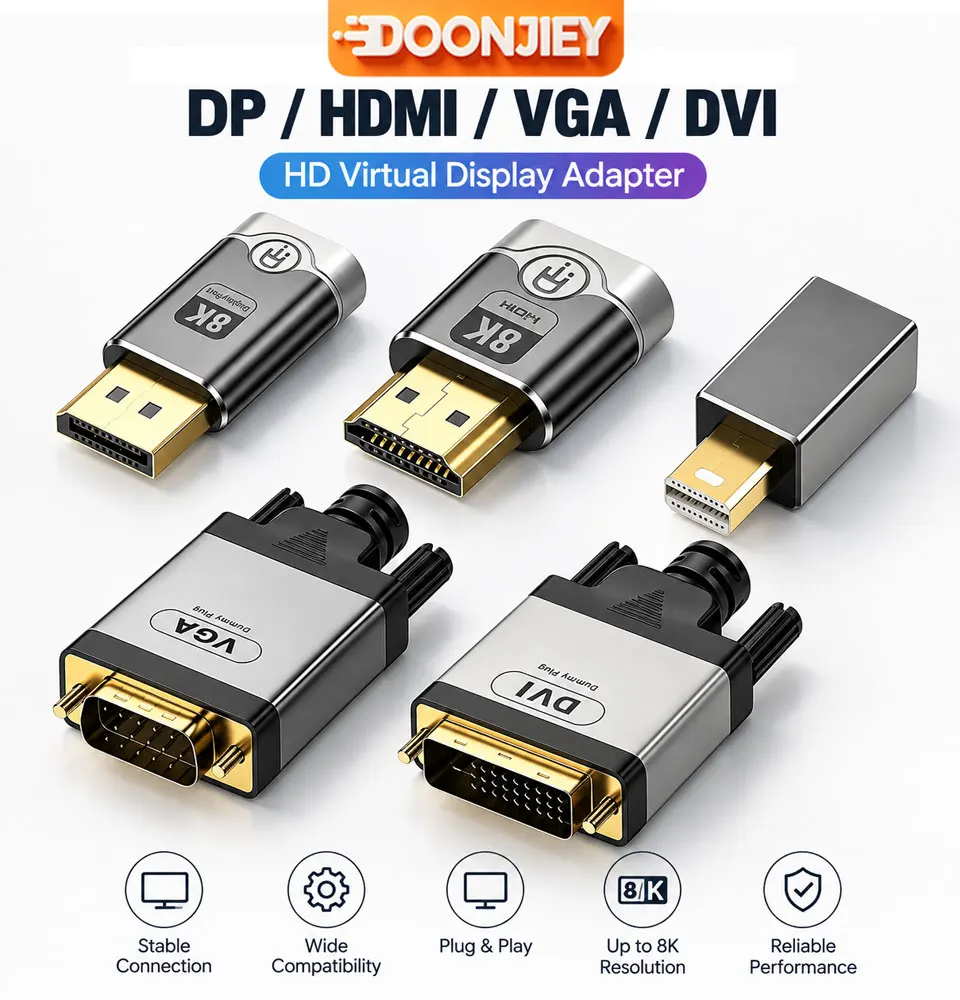 8K EDID Dummy Plug Virtual Display Adapter, Headless Display Emulator for HDMI DP VGA DVI Mini DP USB C, Remote PC Laptop