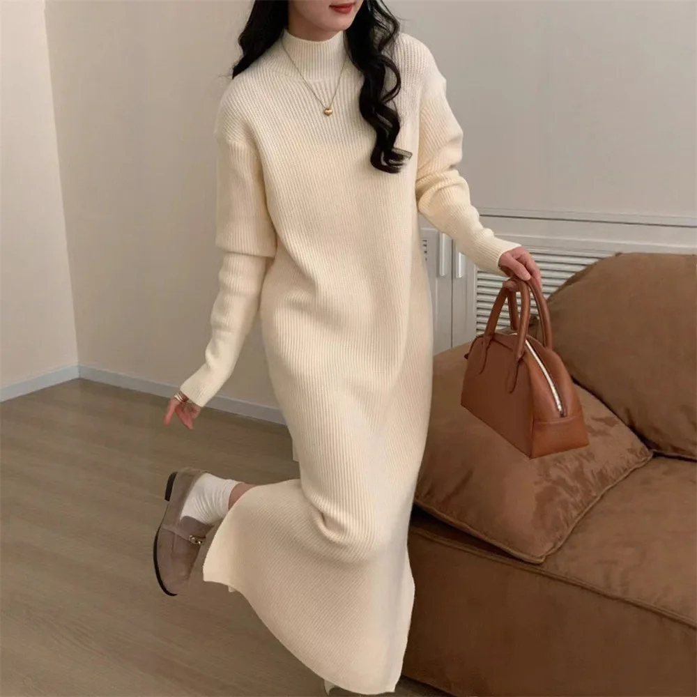 Estilo coreano cor sólida versátil meia gola alta vestido de malha para mulheres inverno solto ajuste camada interna vestido camisola quente