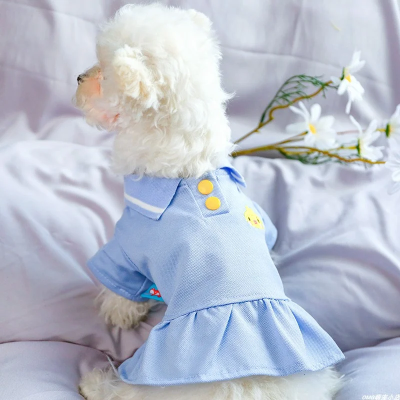 1PC Pet Clothing Dog Cat Spring/Summer Thin Hoodie Blue Polo Student Skirt Suitable for Small and Medium sized Dogs