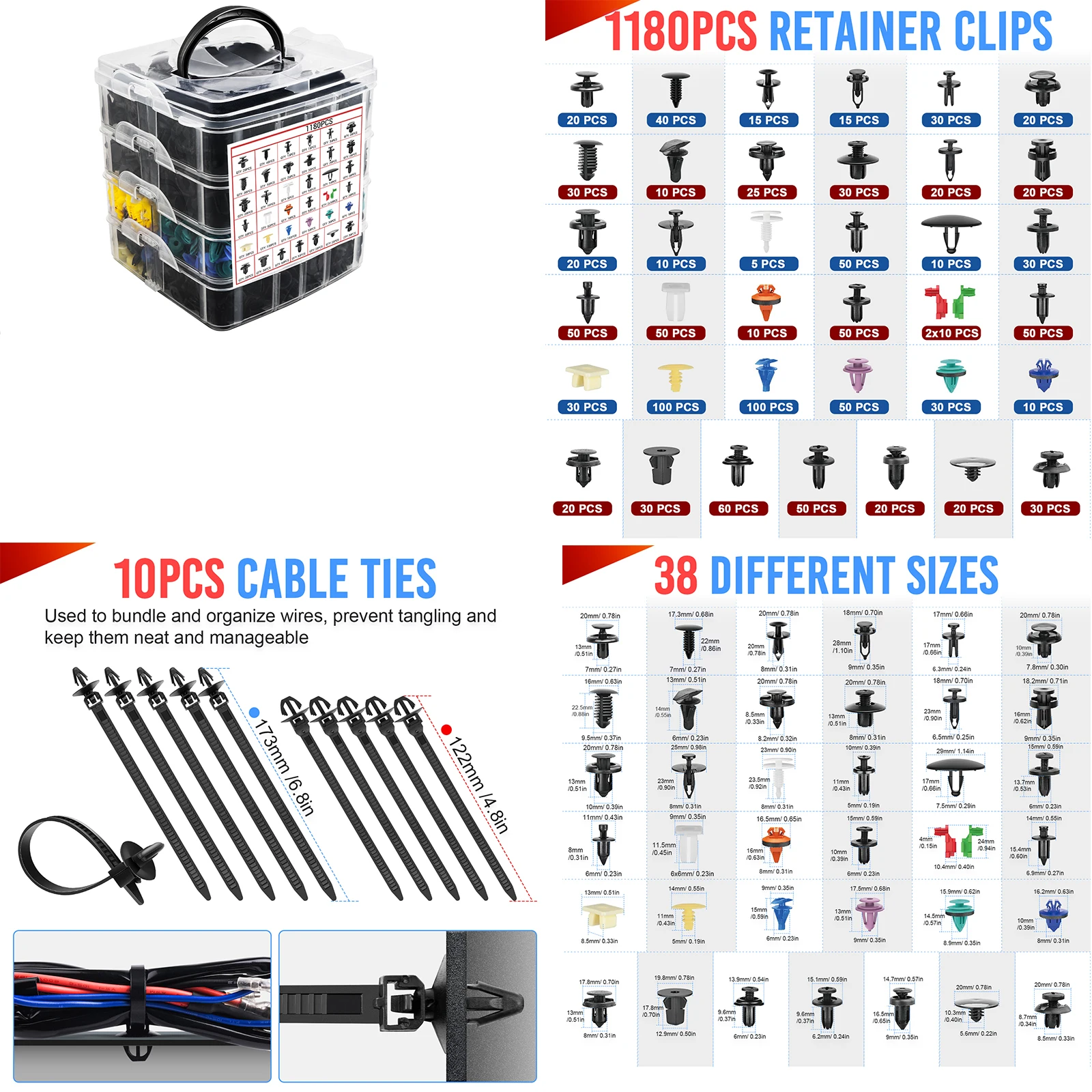 

1295 шт. автомобильные фиксаторы и крепежные детали — 37 универсальных нейлоновых зажимов для бампера, заклепки для крыльев, зажимы для дверных панелей для Toyota, Ford