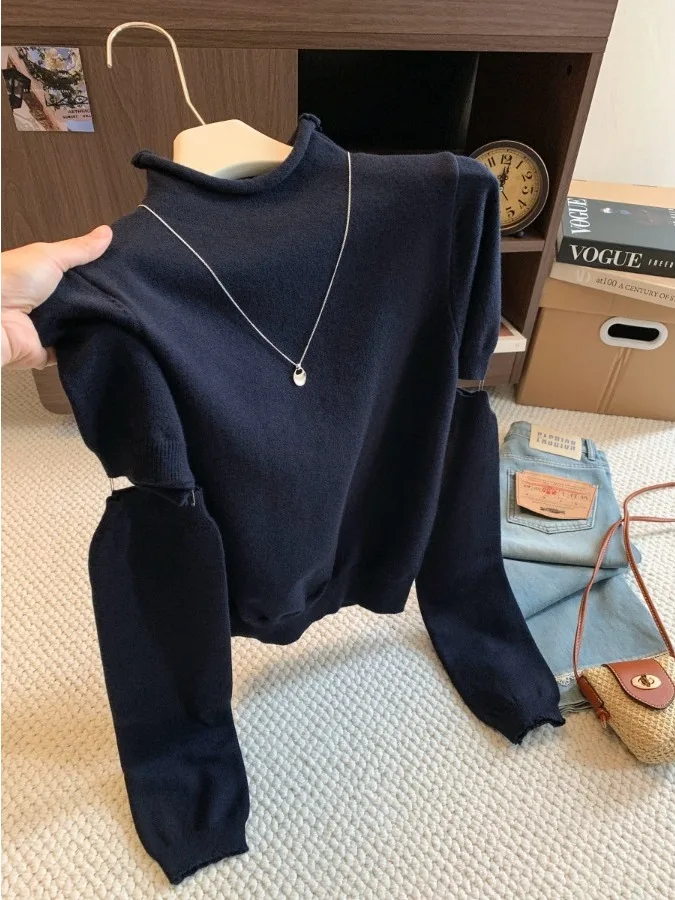 Mint Green Knitted Top Women's Fashionable Early Autumn Half High Collar Sleeveless Removable Sleeve Elegant Top Commute Style