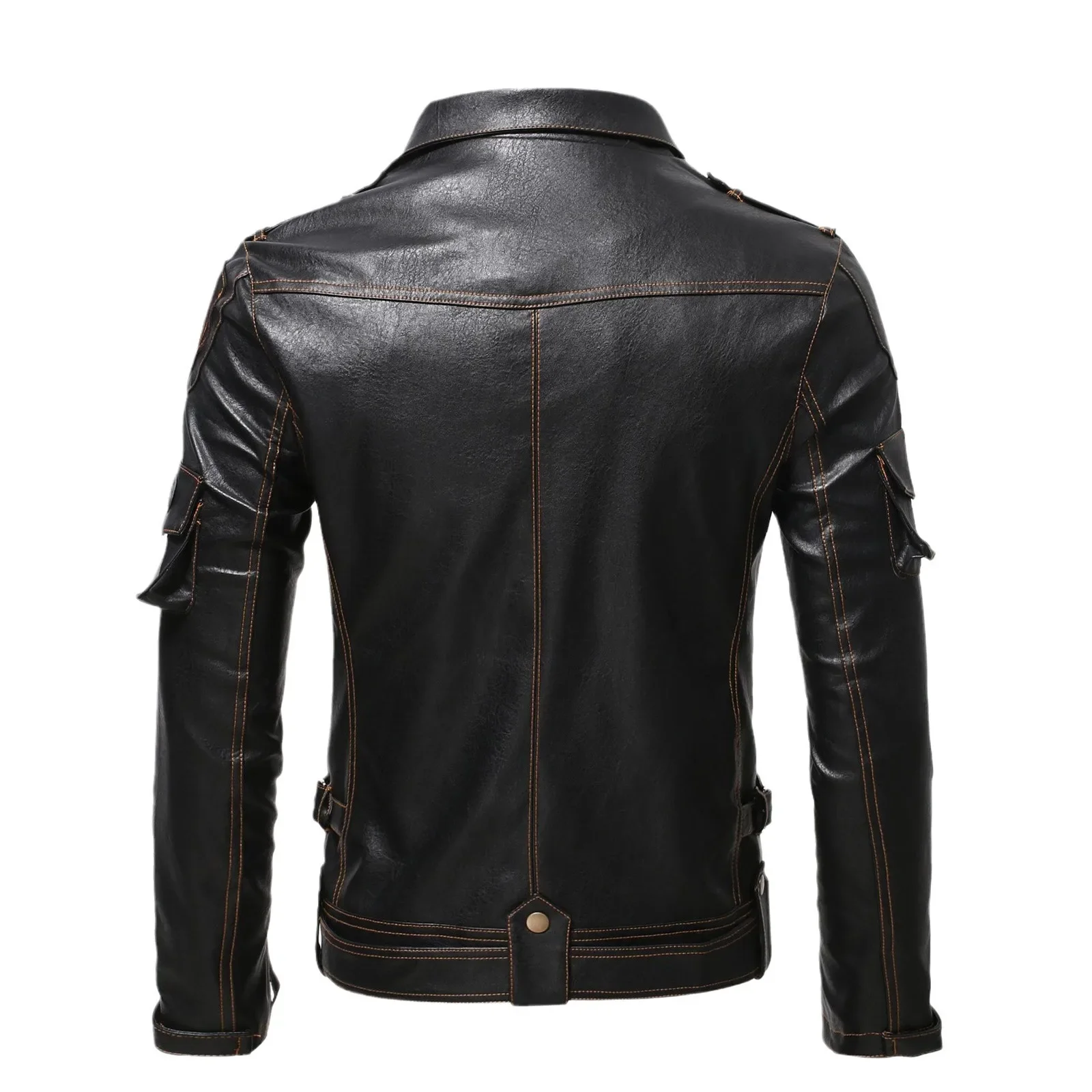 Vintage Ghost Rider Motorcycle Multi-Zip Jacket Lapel Pu Parka Plus Size Fat Singer Show Leather Man