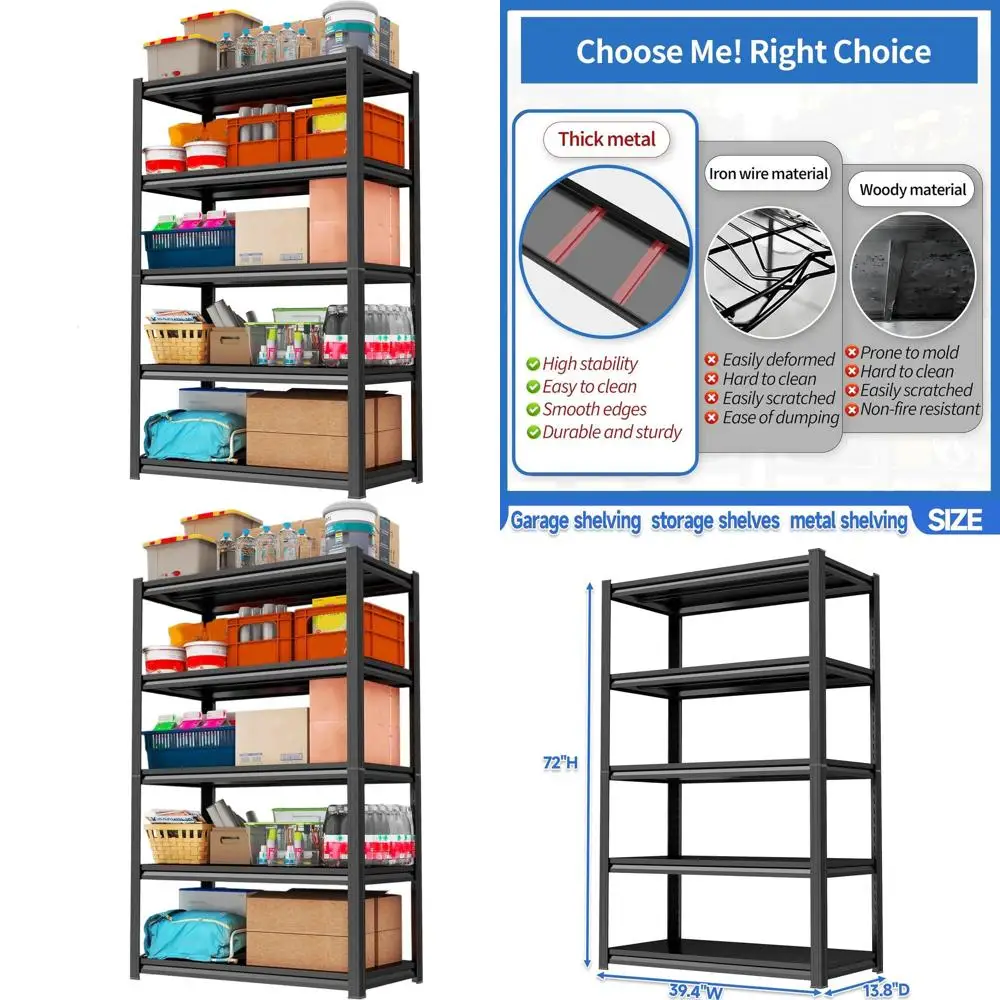 

5-ярусный регулируемый металлический стеллаж для гаража, подвала или кухни - 72В x 39,4Ш x 13,8Г, выдерживает нагрузку 3500 л