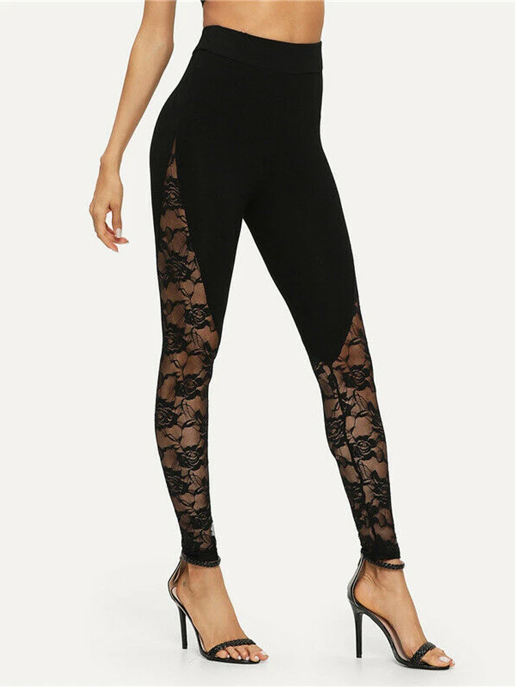 Sexy High Waist Black Lace Leggings Women\'s Ladies Floral Lace Side Panel Cut Out Black Leggings S-2XL