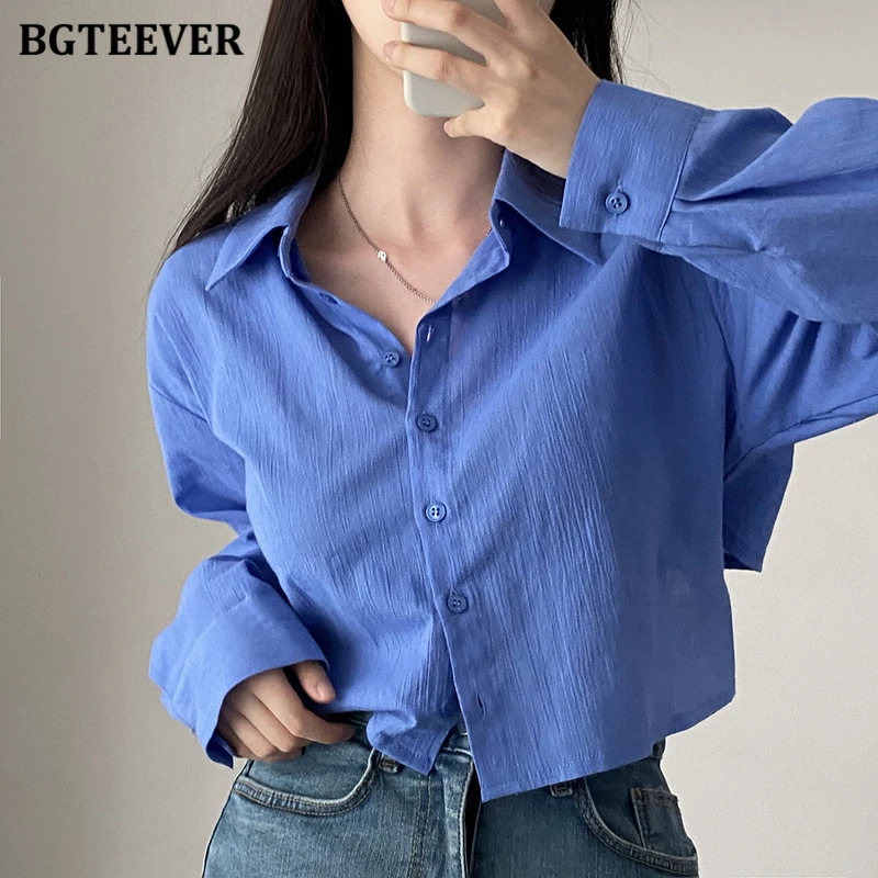 

BGTEEVER Spring Summer Lapel Full Sleeve Women Cotton Shirts Tops Elegant Loose Lace Up Short Blouses Female