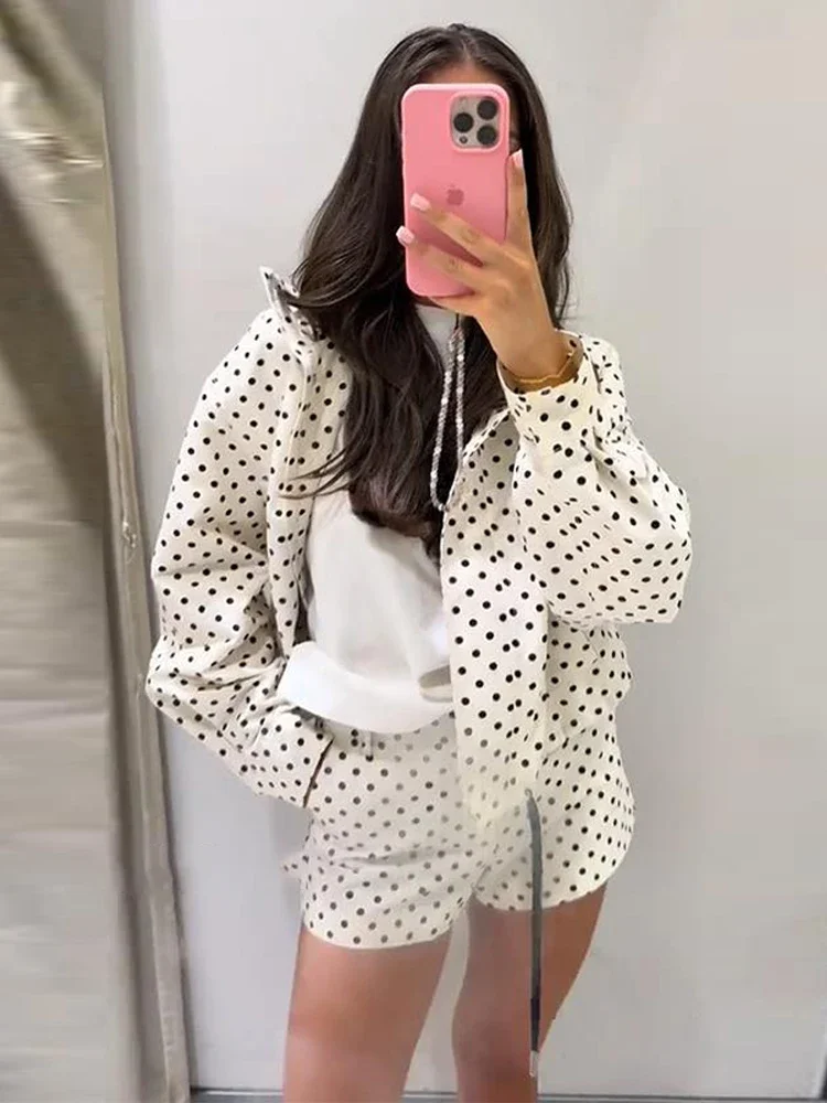 Chic Women's Baseball Jacket Shorts Pants Vintage Polka Dot Co-ord Set Casual Loose Zip-up Long Sleeve Outerwear  New Suit Outfi