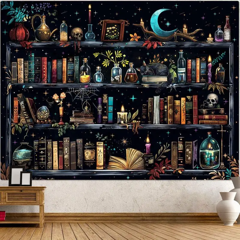 VIKAMA Gothic Skeleton Witch Bookshelf Wall Tapestry Backdrop Polyester Wall Hanging Gothic Bedroom Dorm Living Room Home Decor