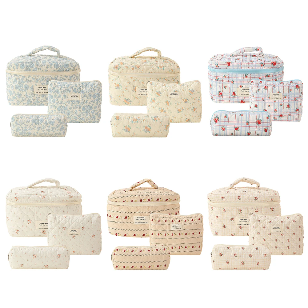 3Pcs Quilted Makeup Bag Printed Women Quilted Cosmetic Pouch Large Capacity Zipper Closure Cotton Daily Bag Purse Set