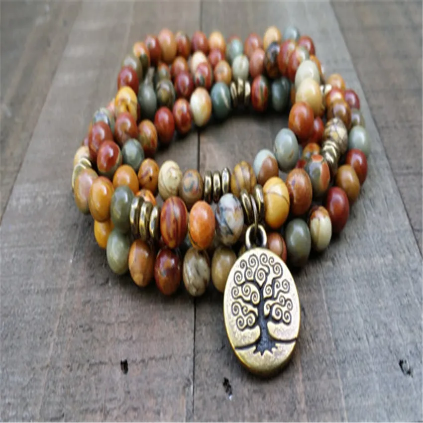 

8mm Picasso Jasper Natural Gemstone Bracelet 108 mala Stone Gemstone Healing Sacred Men's tassel Yoga Zen Prayer Knot Buddhist