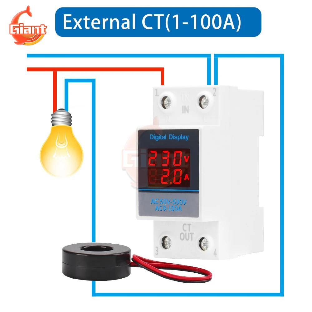 AC50-500V Din Rail Dual Digital Voltmeter Ammeter Single Phase Energy Meter Voltage Current Gauge Tester Power Wattmeter Monitor