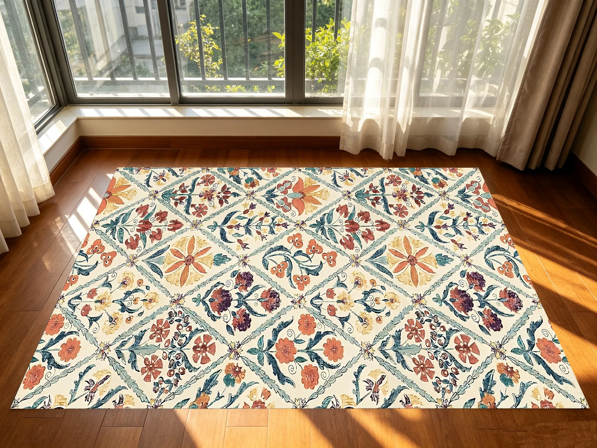 Retro Floral Diamond Bohemian Velvet Rug, Romantic Healing Spring Decor for Living Room, Bedroom & Entryway