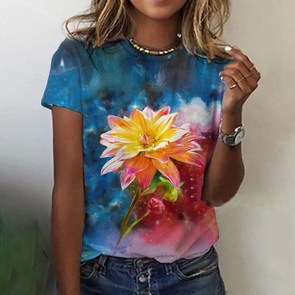 2023 Camisetas das mulheres Moda Tema Floral T Shirt Plantas Floral Tees Verão Manga Curta Top Básico Oversized Roupas Femininas