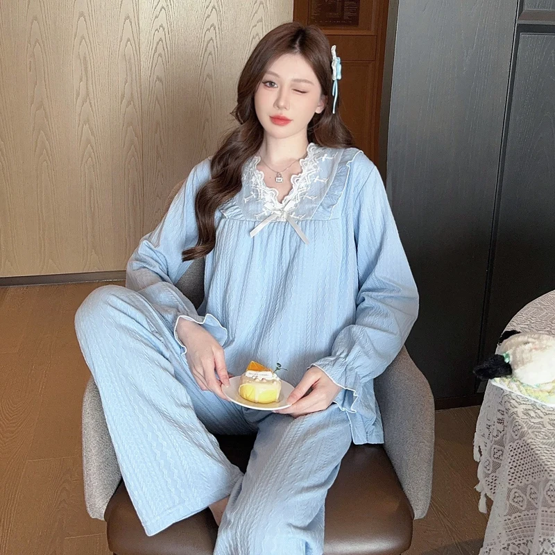 

Весна 2025 года, хлопковые сексуальные кружевные пижамные комплекты с длинными рукавами и v-образным вырезом для женщин, корейская одежда для сна, домашняя одежда, Pijama Mujer, домашняя одежда