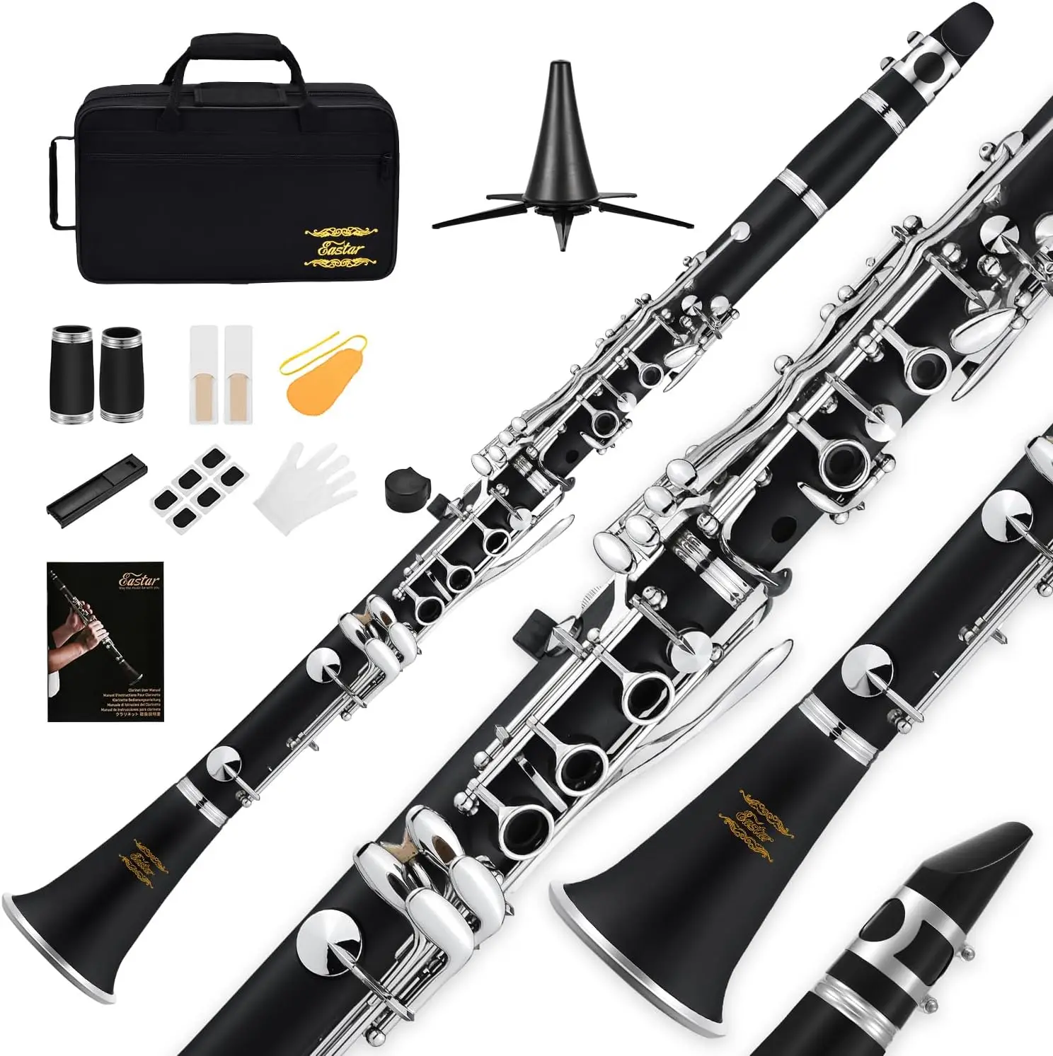 

B Flat Clarinet for Beginners, Ebonite with Nickel-plated Keys, 2 Barrels, 3 Reeds, Hard Case