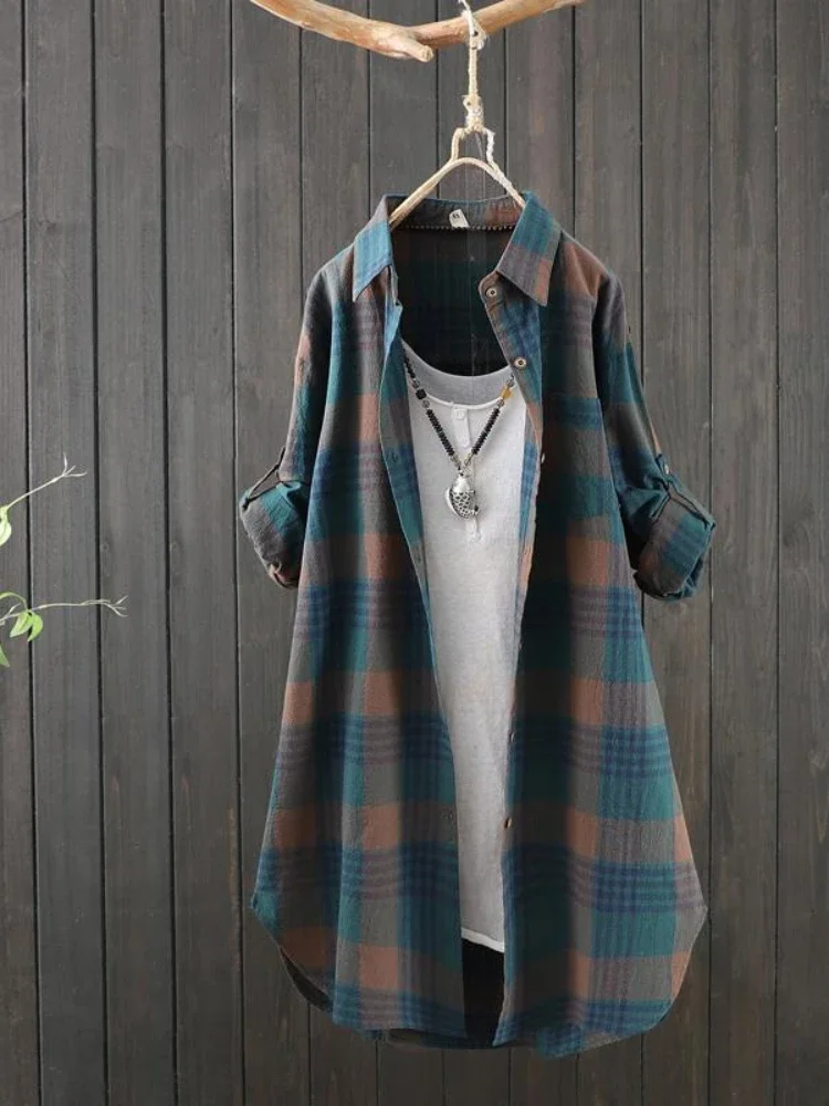 Plus Size Cotton Linen Medium Long Plaid Women Autumn Shirt Vintage Casual Female Shirts Coat Loose Blouse Winter Clothing