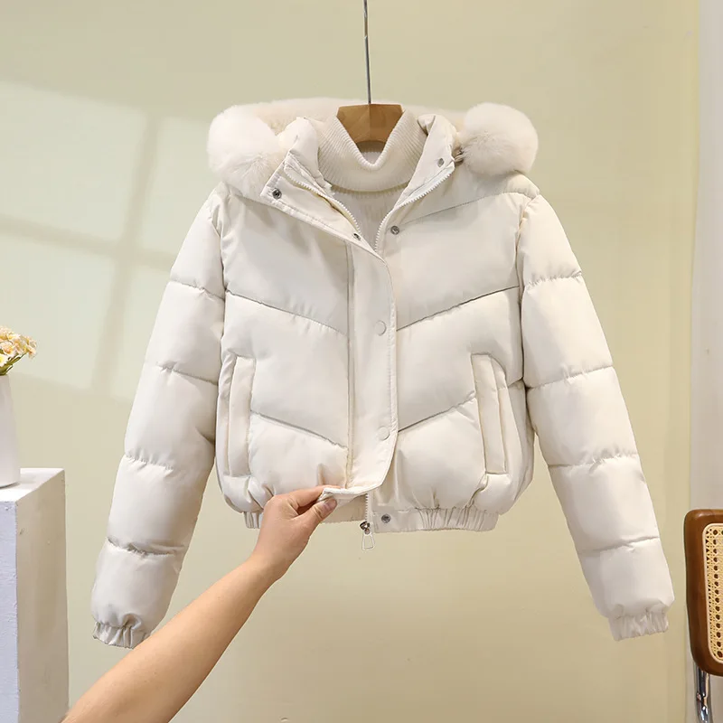 Women's Hooded Large Faux Fur Collar Cropped Cotton Coat Zip Up Loose Warm Windproof Elegant Versatile Daily Wear Padded Jacket