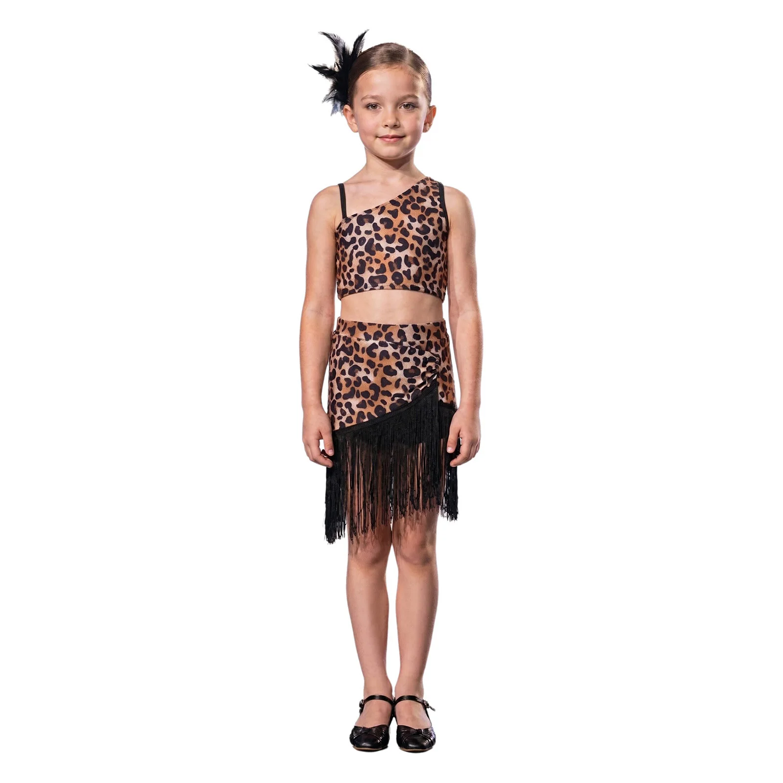 Kids Girls Tango Latin Ballroom Dance Costume Leopard Printed Crop Top with Irregular Tassels Skirt for Practice Performance