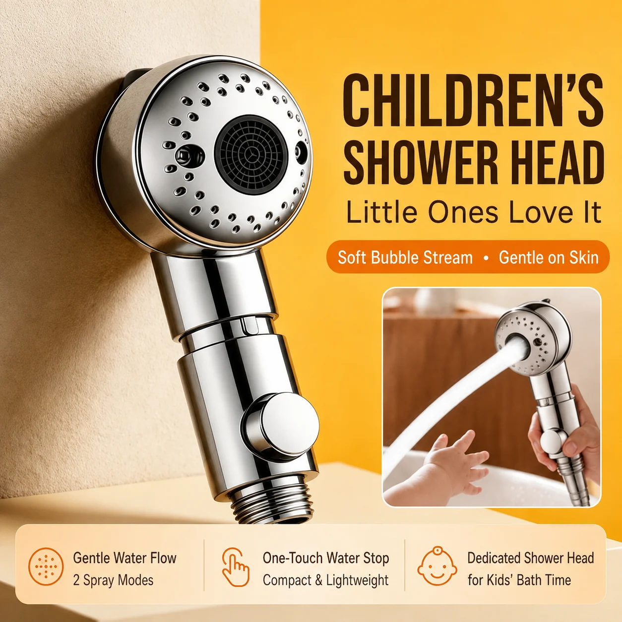 Baby Shower Head Soft Bubble Stream 360 Rotating Handheld Spray 2 Modes One Touch Water Stop Kids Bath Nozzle