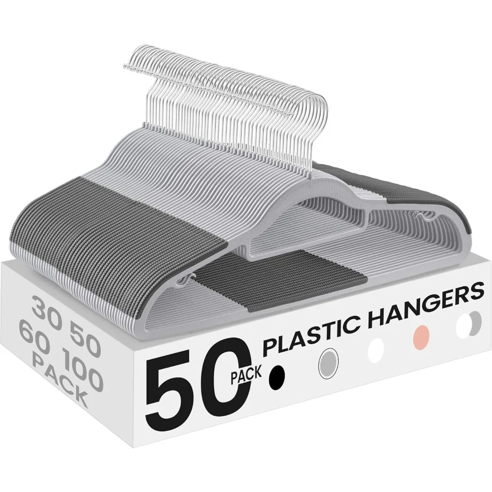 

Pack of 50 Slim Plastic Clothes Hangers Space Saving Non Slip 360 Swivel Hook Light and Dark Gray