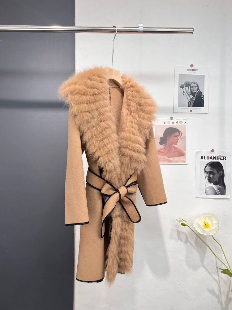 MENINA BONITA 2023 Streetwear Winter Jacket Women Real Fur Coat Natural Fox Fur Collar Belt Cashmere Wool Woolen Warm Outerwear