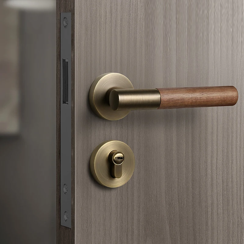 New Chinese Style Indoor Room Bedroom Door Lock  Black Walnut Wood Retro Solid Wood Door Handle Magnetic Suction Silent Lock