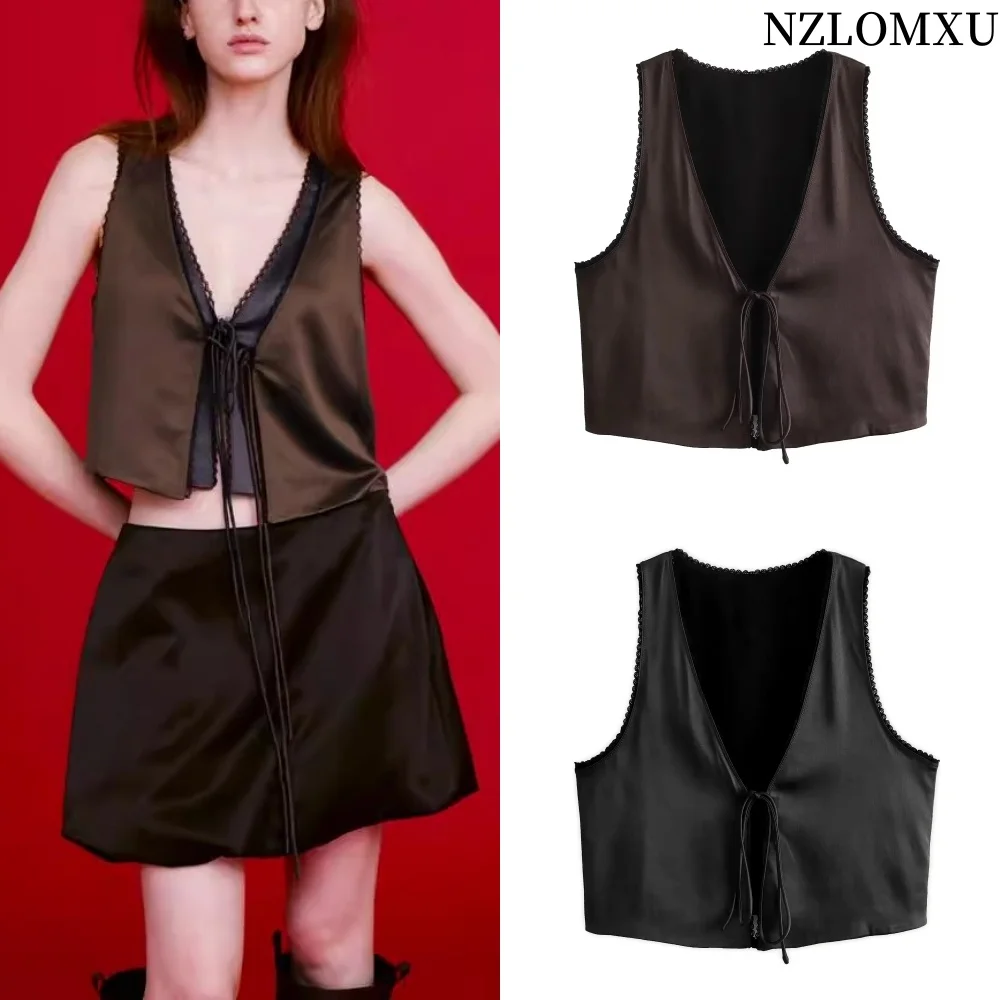 

2025 Women's Vest Woman Chic V-Neck Lace Up Sleeveless Vests for Women Ladies Waistcoat Tops