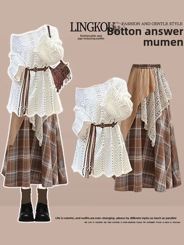 

Retro Large Size Spring Autumn Set Women's Tourist Clothing Design Hollow out Shirt Plaid Half Skirt Two Piece Set High Waist