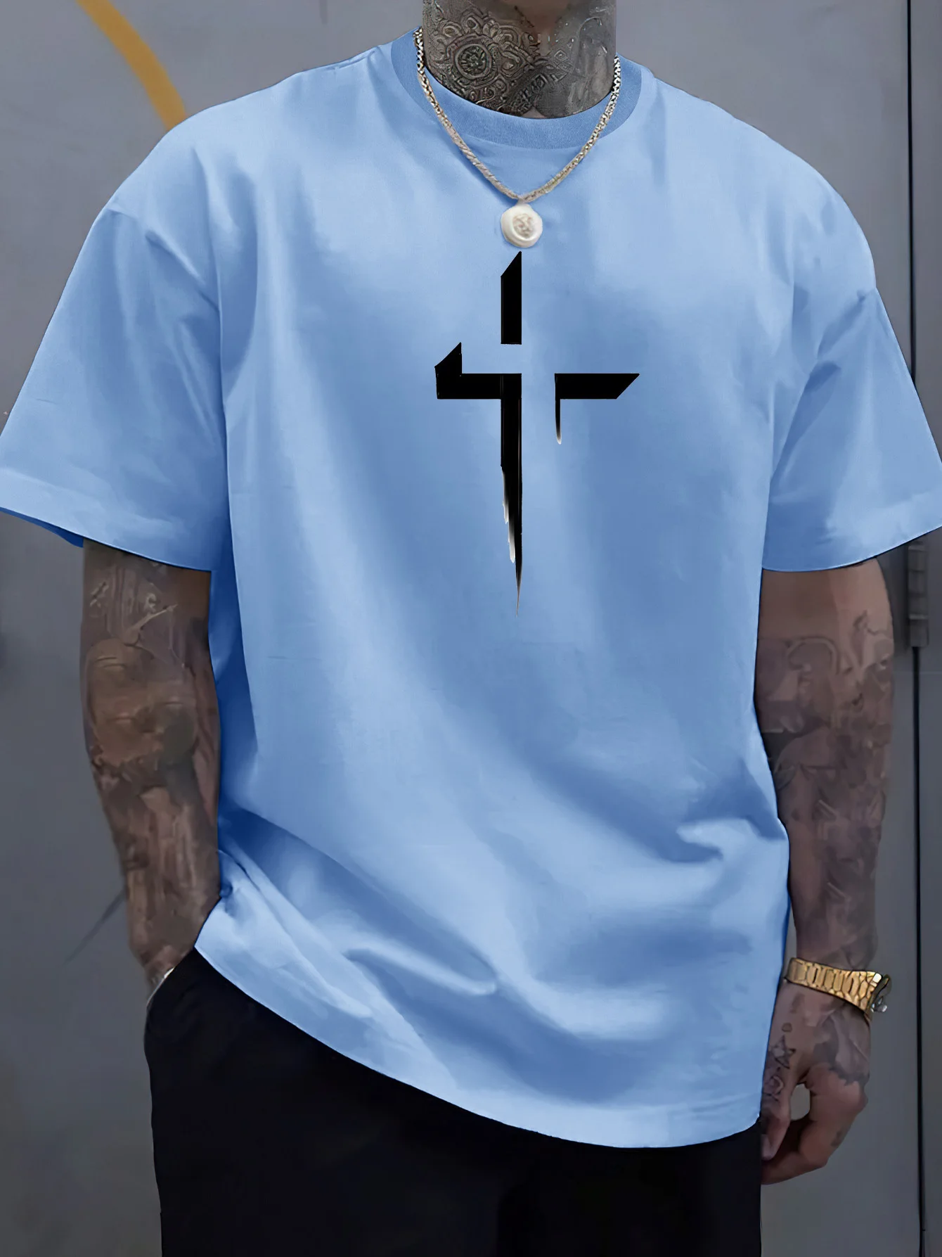 Summer men\'s 100% pure cotton casual loose plus size Cross Creative printed sports comfortable round neck short sleeved T-shirt