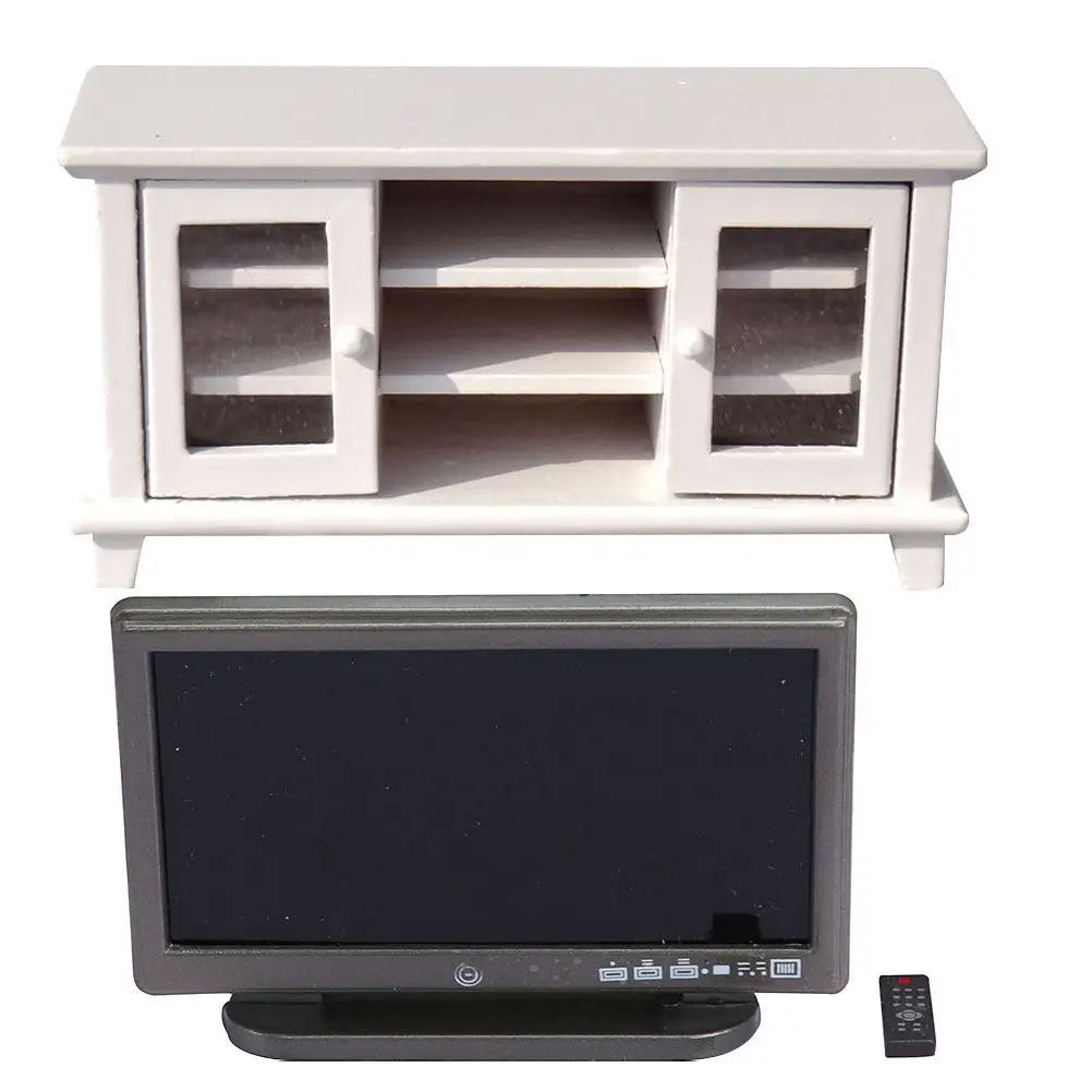 

1Set Wooden Mini House TV Cabinet Ornament Stylish Small House Decor Realistic Workmanship Desktop Bedroom Decoration Miniature