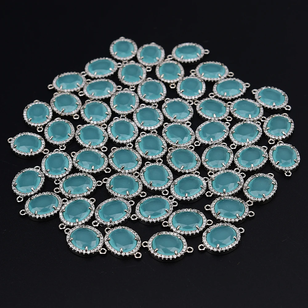 APDGG 10 Pcs Natural Lake Blue Cat eye Stone Cz Sliver Color Connector Charms Pendant Jewelry DIY view 3