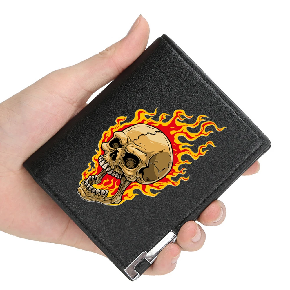 New Arrivals fashion Cool Flame Skull Printing Pu Leather Wallet Men Women Billfold Credit Card Holders Short Purses