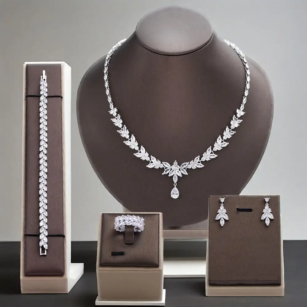 

Hot Sale Dubai Nigeria CZ Zircon Wedding Necklace Sets 4pcs Bridal Zirconia Full Jewelry Sets For Women Party