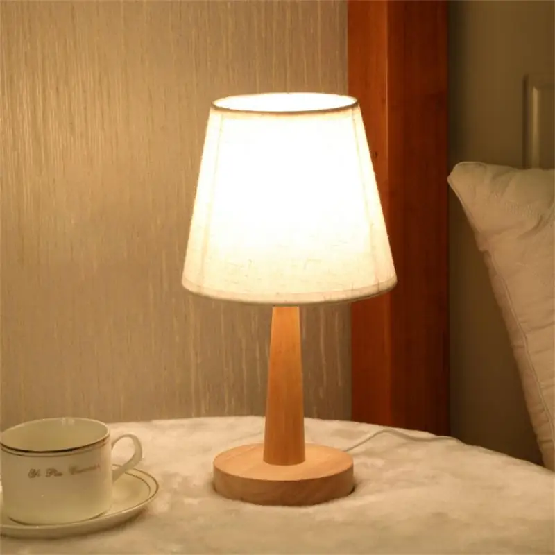 Nordic Wooden Decorative LED Table Lamp Linen Lamp Bedroom Bedside Desk Lamp Shade USB Power Remote Control Dimmable Night Light