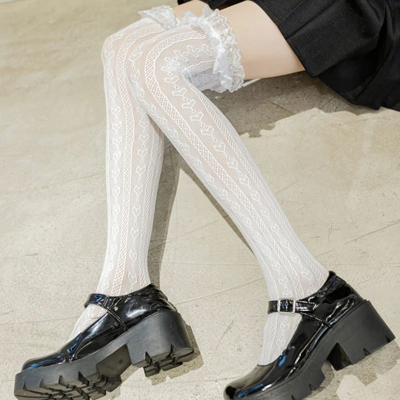 Frauen Spitze Lolita Hohe Röhre Oberschenkel Knie Socken Weibliche Nette Lange Röhre Liebe Spitze Japanischen College Stil Ultra-dünne Sexy Schwarze Socken