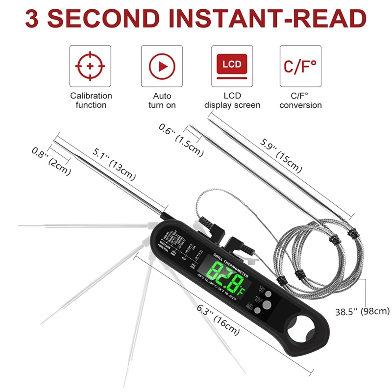 3 in 1 Digital Meat Thermometer, Instant Read Food Thermometer with 2 Detachable Wired Probe,Calibration, Alarm Function