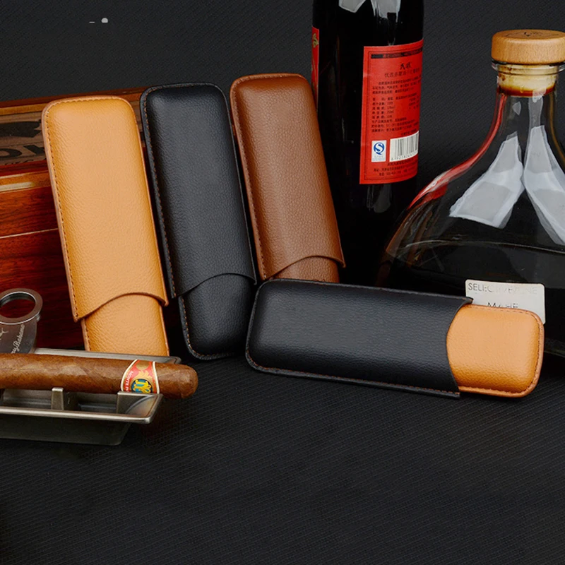 

Man-made Leather Cigar Case 2 Tube Cigar Holder Mini Humidor Cotract Color C Logo Cigar Accessory 52 Ring Cigar Box Smoking Tool