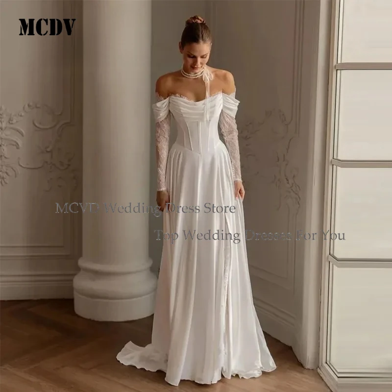 

MCDV Elegant Ivory Satin Off Shoulder Wedding Dress with Long Lace Sleeves A Line Bridal Gown Customizable Robe De Mariée