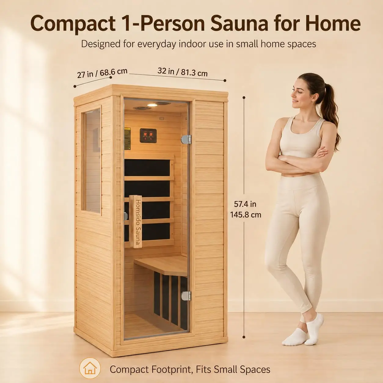 1-Person Low EMF Far Infrared Sauna for Home Use, 900W Canadian Hemlock Wood Sauna with Bluetooth Music & Led Read, Customized