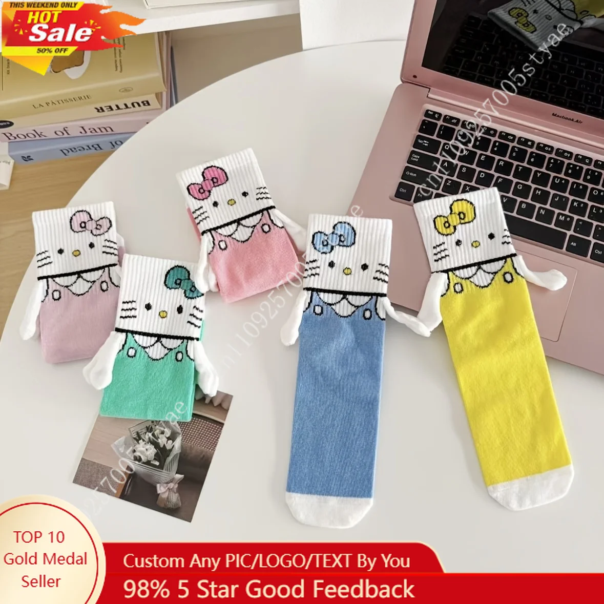 

1 Pair of Hello Kitty Cat Cartoon Socks with Left and Right Hands Daily Versatile Breathable Sweat-Absorbent Fashionable