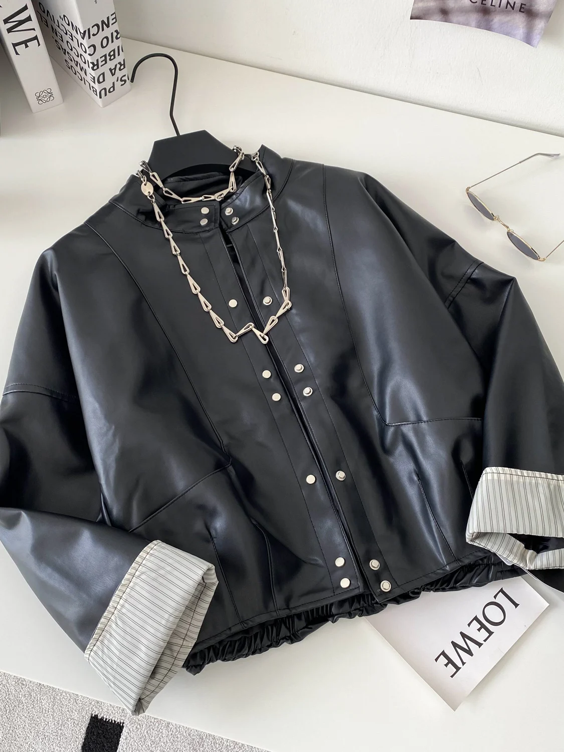 

Retro American Sle Motorcycle Jaet Women's Loose PU Leather ort Outerwear Top Trendy Streetwear Slimming Effect