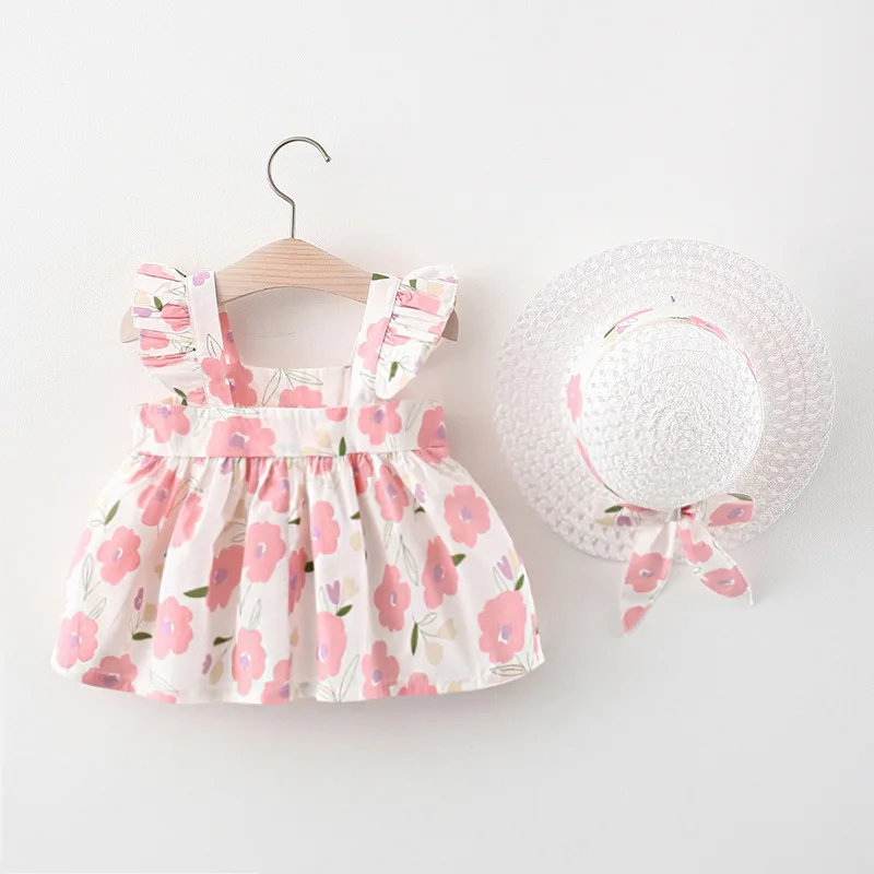 2 pezzi vestiti della neonata vestiti estivi moda coreana carino stampa fiori spiaggia principessa vestito + cappello da sole abiti da bambino