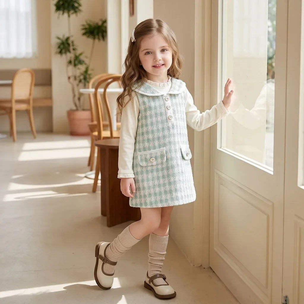 Korean Spring and Autumn New Small Fragrant Style Lapel Plaid Vest Dress for Girls Aged 2-7 To Wear When Going Out