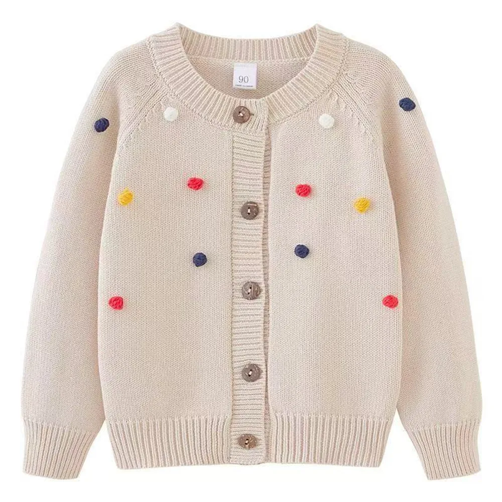 2026 New European Style Spring Autumn Girls Pure Cotton Knit Cardigan Handmade Pom pom Yarn Kids Outer Coat 90-140cm