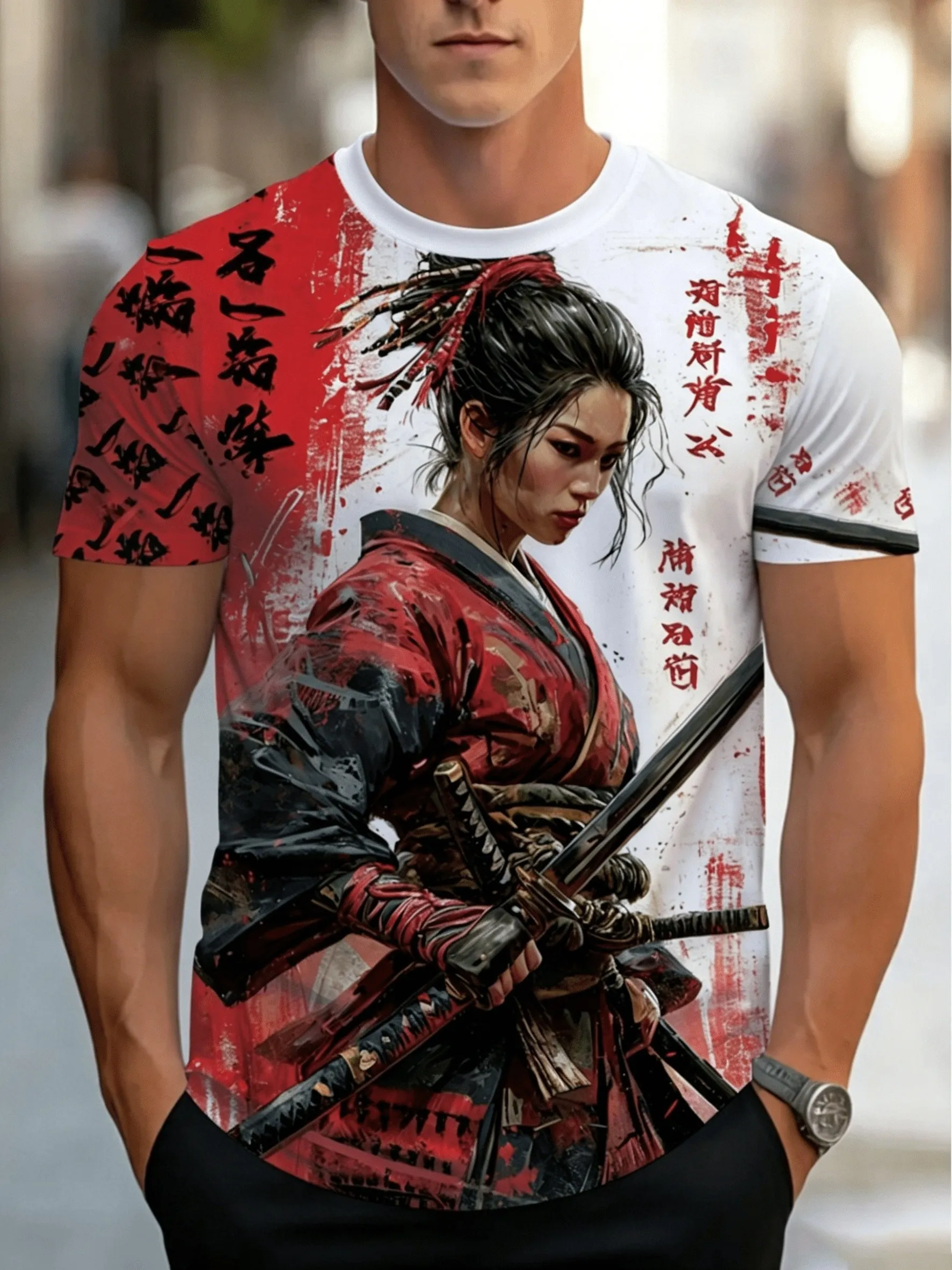 Men's color-block short-sleeve T-shirt featuring a Japanese female warrior graphic; breathable and comfortable for everyday wear